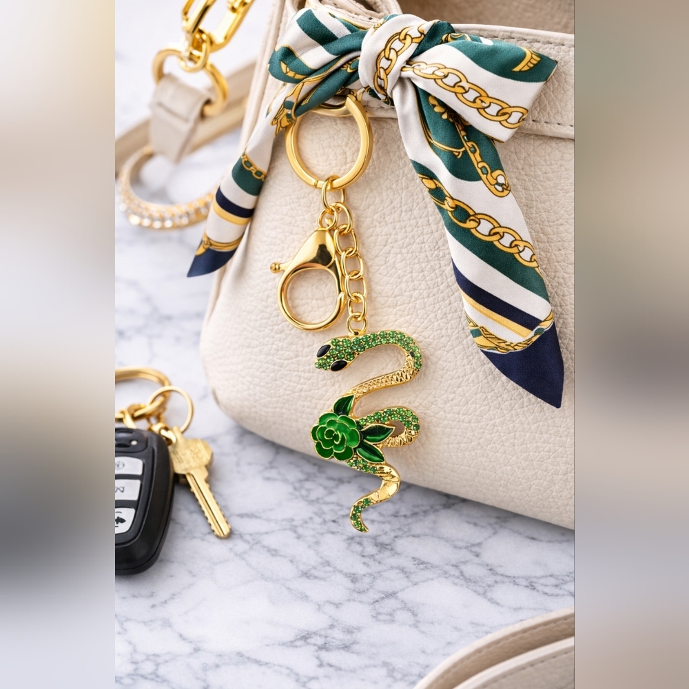 Gold Snake Rose Keychain Charm – Your Color Choice Rhinestones